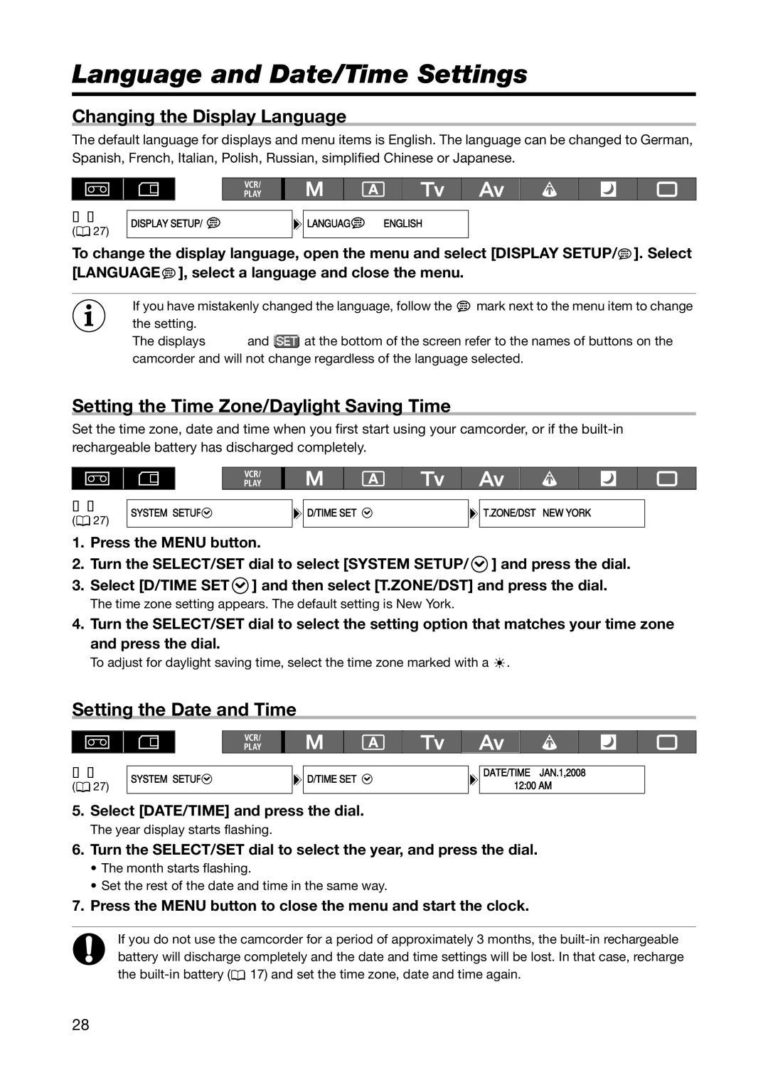 Canon XH A1S Language and Date/Time Settings, Changing the Display Language, Setting the Time Zone/Daylight Saving Time 