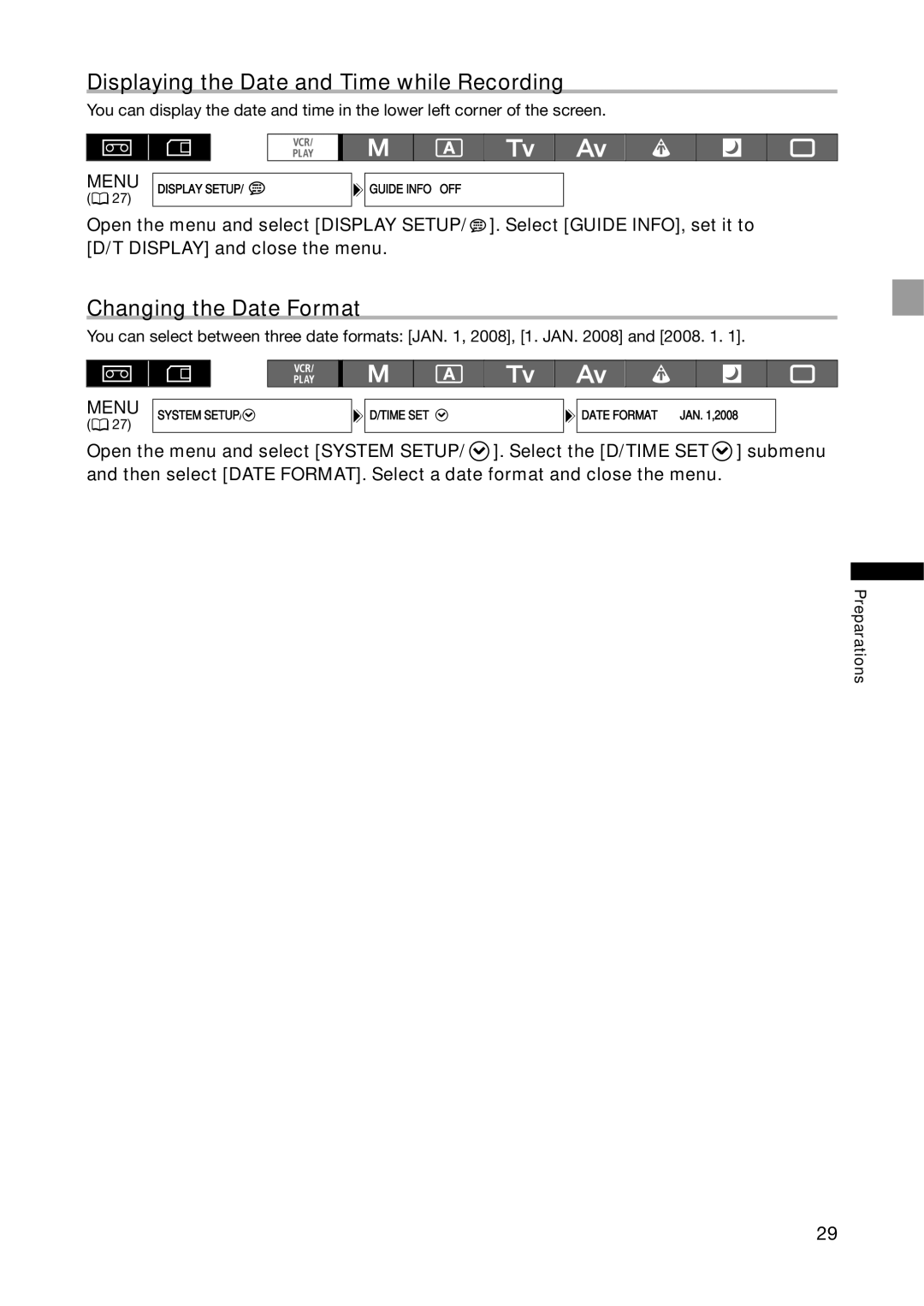 Canon XH G1S, XH A1S instruction manual Displaying the Date and Time while Recording, Changing the Date Format 