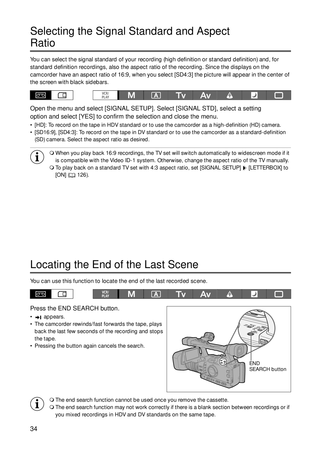 Canon XH A1S, XH G1S instruction manual Selecting the Signal Standard and Aspect Ratio, Locating the End of the Last Scene 