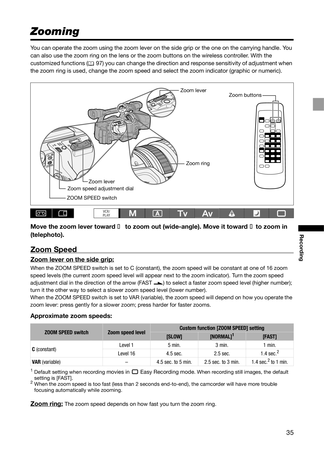 Canon XH G1S, XH A1S instruction manual Zooming, Zoom Speed, Zoom lever on the side grip, Approximate zoom speeds 