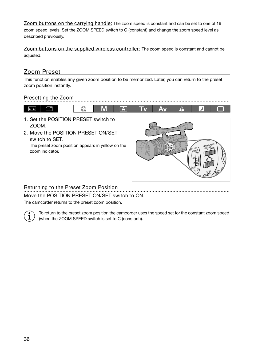 Canon XH A1S, XH G1S instruction manual Zoom Preset, Presetting the Zoom, Returning to the Preset Zoom Position 