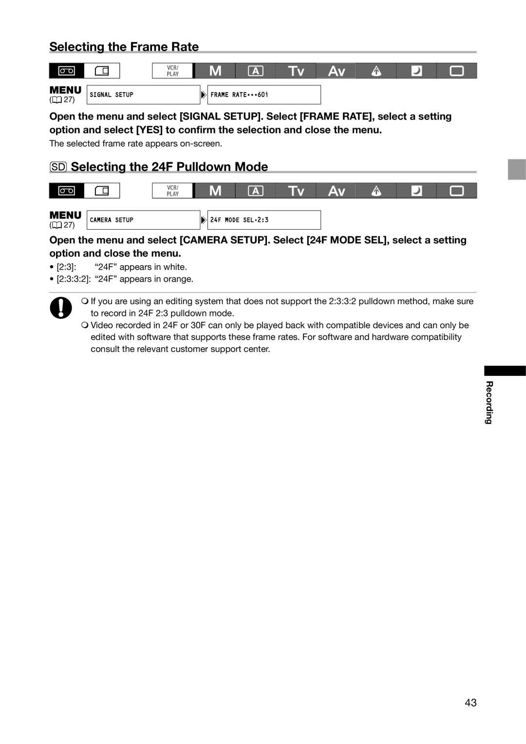 Canon XH G1S, XH A1S instruction manual Selecting the Frame Rate, SD Selecting the 24F Pulldown Mode 