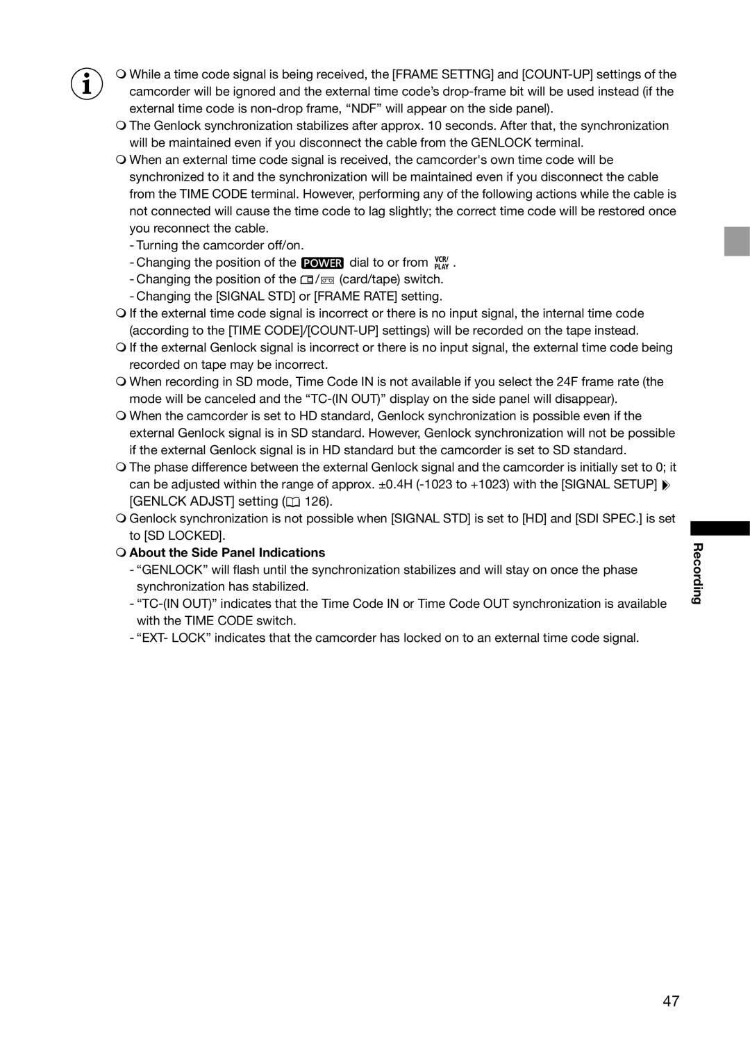 Canon XH G1S, XH A1S instruction manual  About the Side Panel Indications 