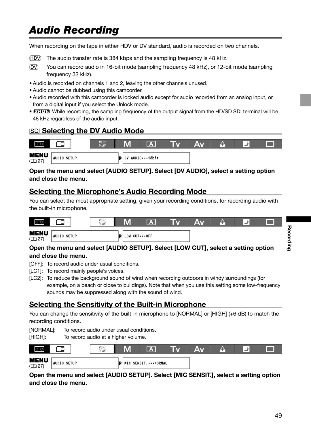 Canon XH G1S, XH A1S instruction manual SD Selecting the DV Audio Mode, Selecting the Microphone’s Audio Recording Mode 