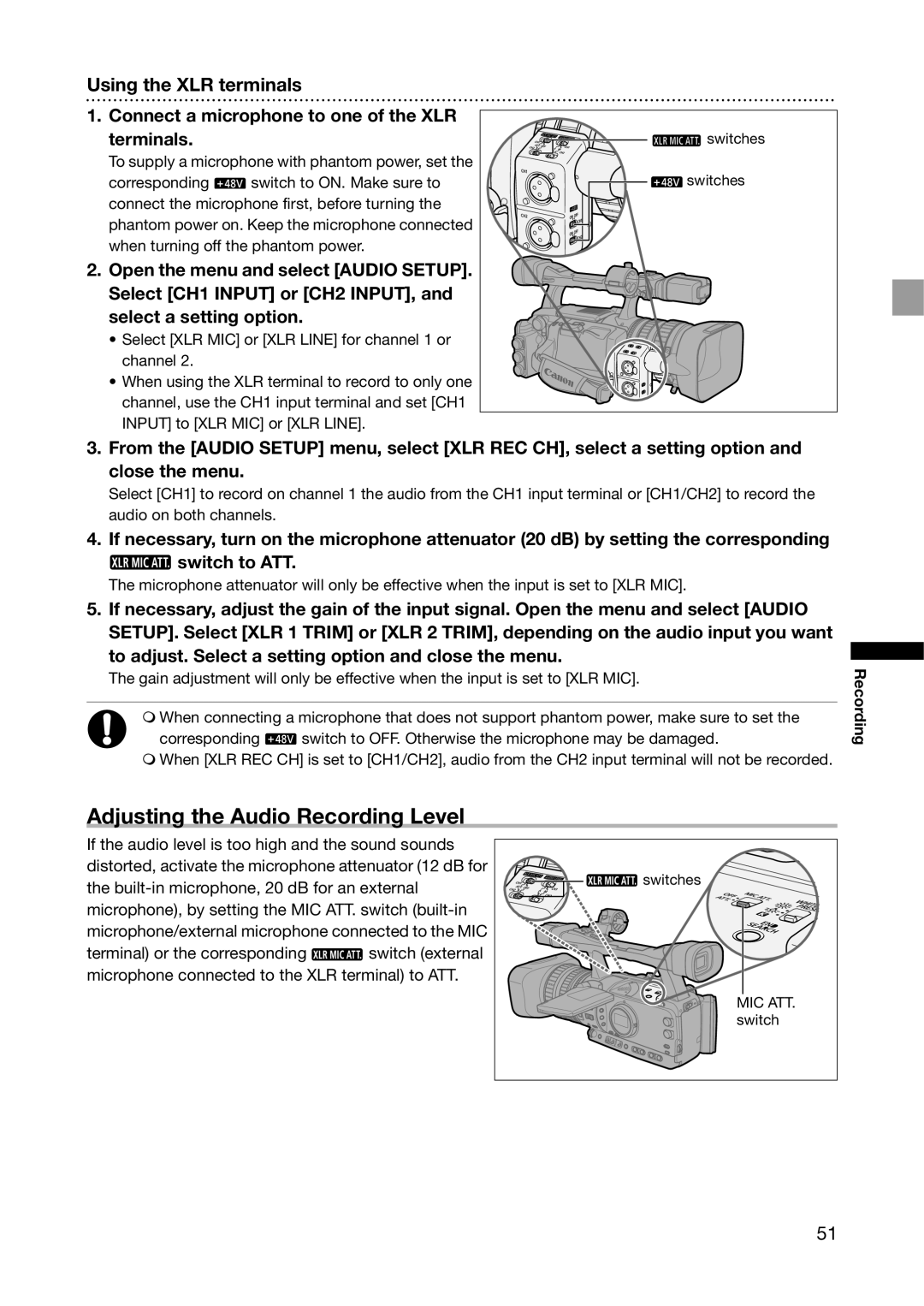 Canon XH G1S, XH A1S instruction manual Adjusting the Audio Recording Level, Using the XLR terminals 