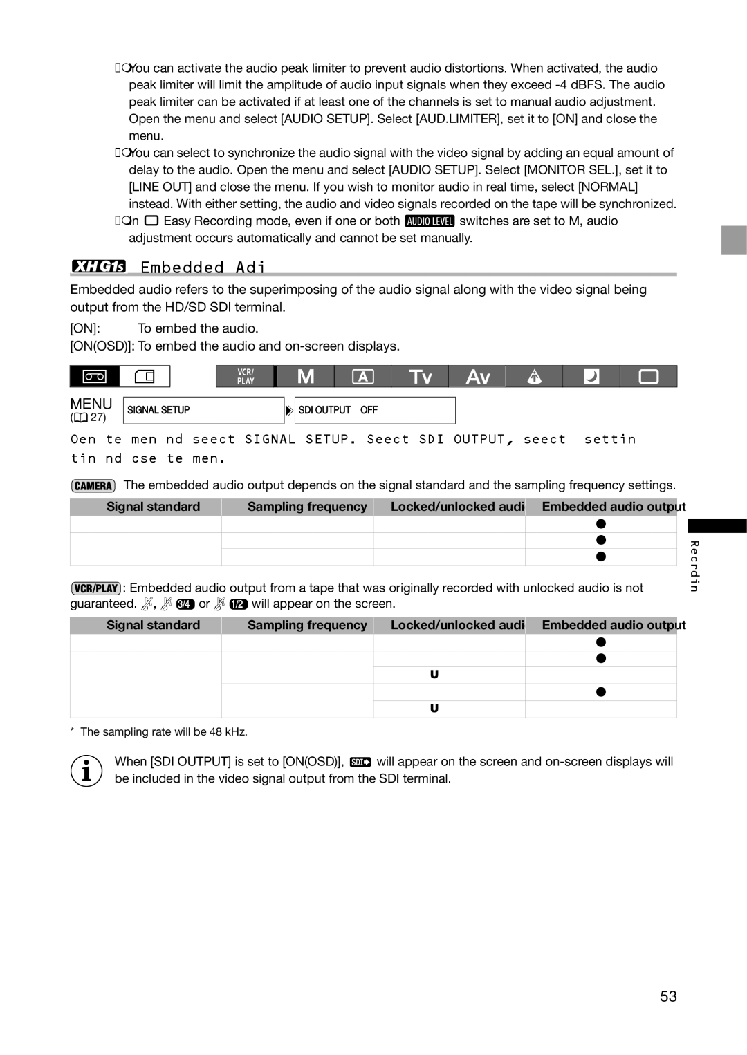 Canon XH G1S, XH A1S instruction manual Embedded Audio, Signal standard Sampling frequency 