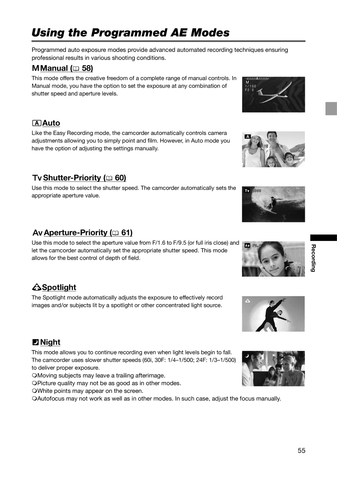 Canon XH G1S, XH A1S instruction manual Using the Programmed AE Modes 