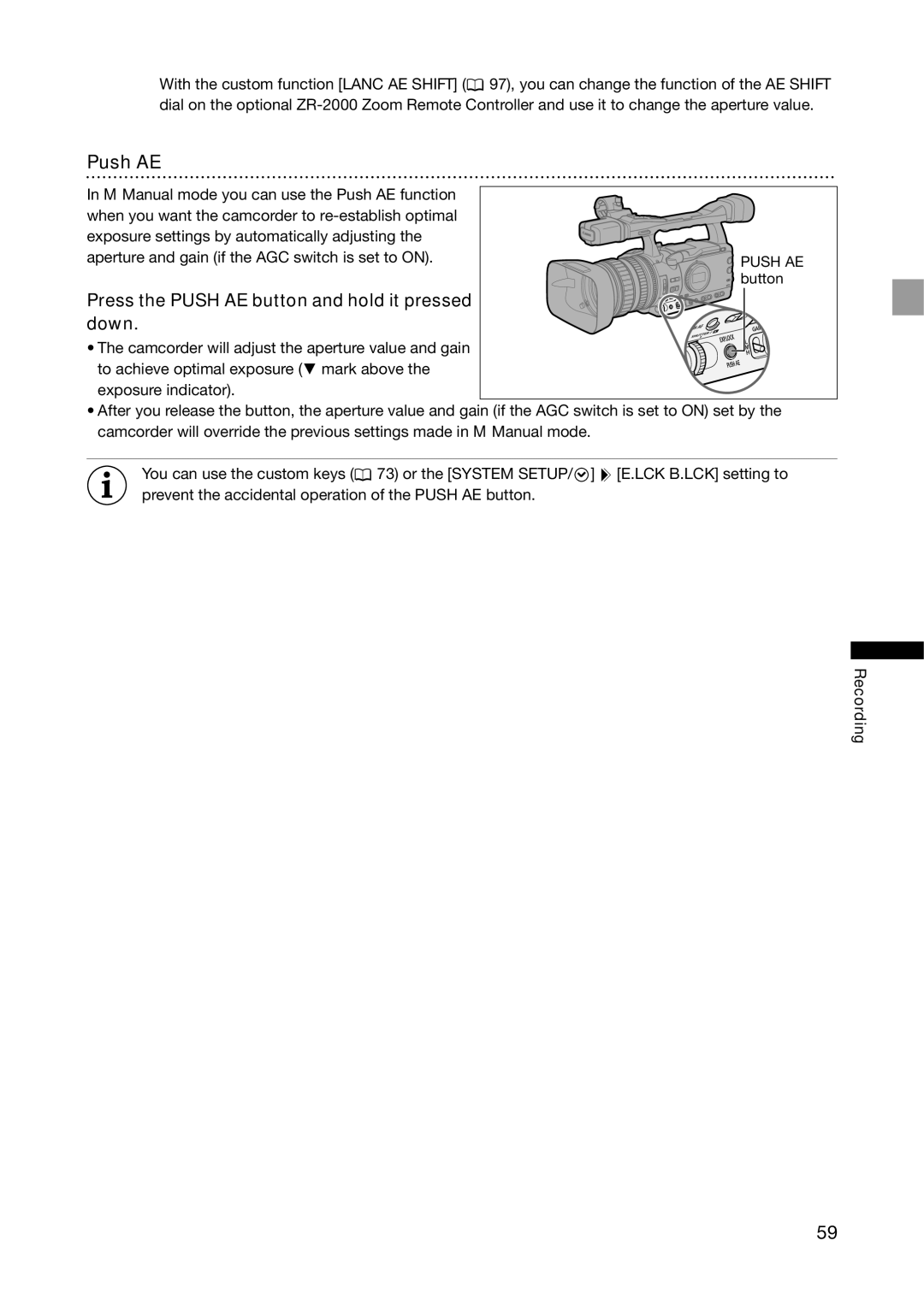 Canon XH G1S, XH A1S instruction manual Press the Push AE button and hold it pressed down 