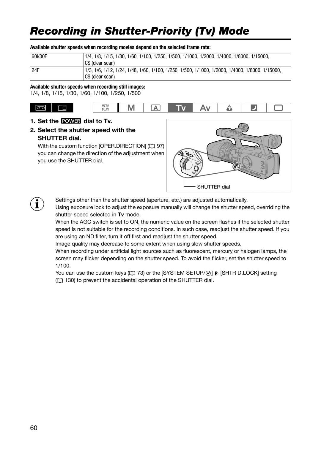 Canon XH A1S, XH G1S instruction manual Recording in Shutter-Priority Tv Mode 