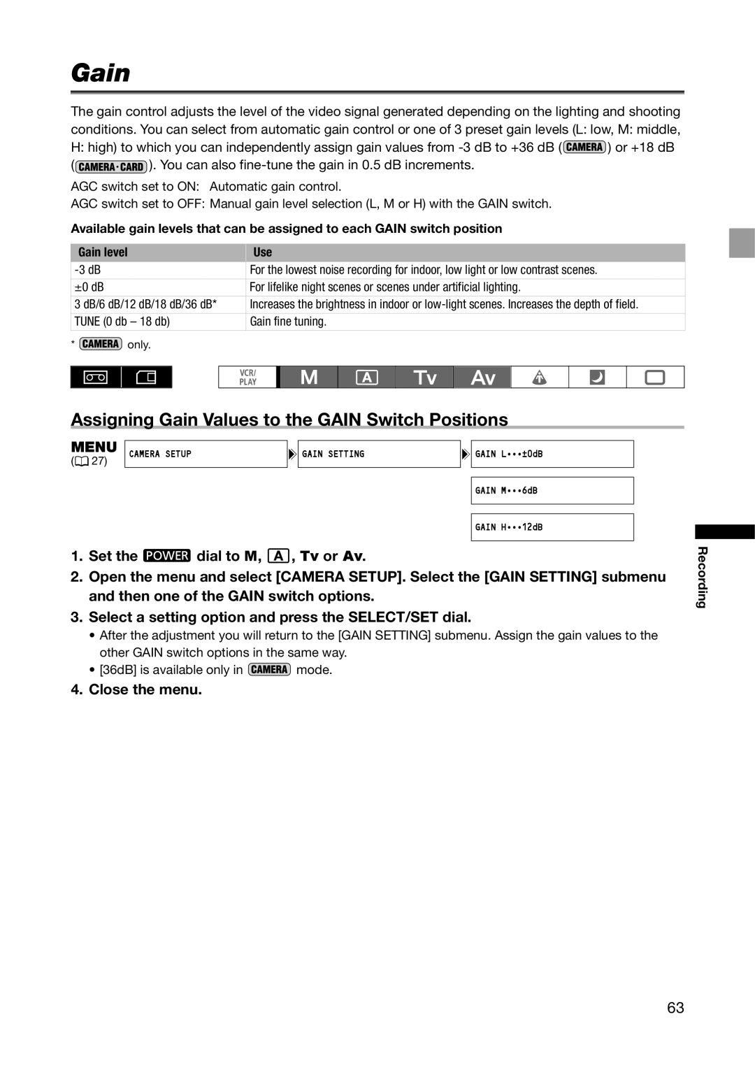 Canon XH G1S, XH A1S instruction manual Assigning Gain Values to the Gain Switch Positions 