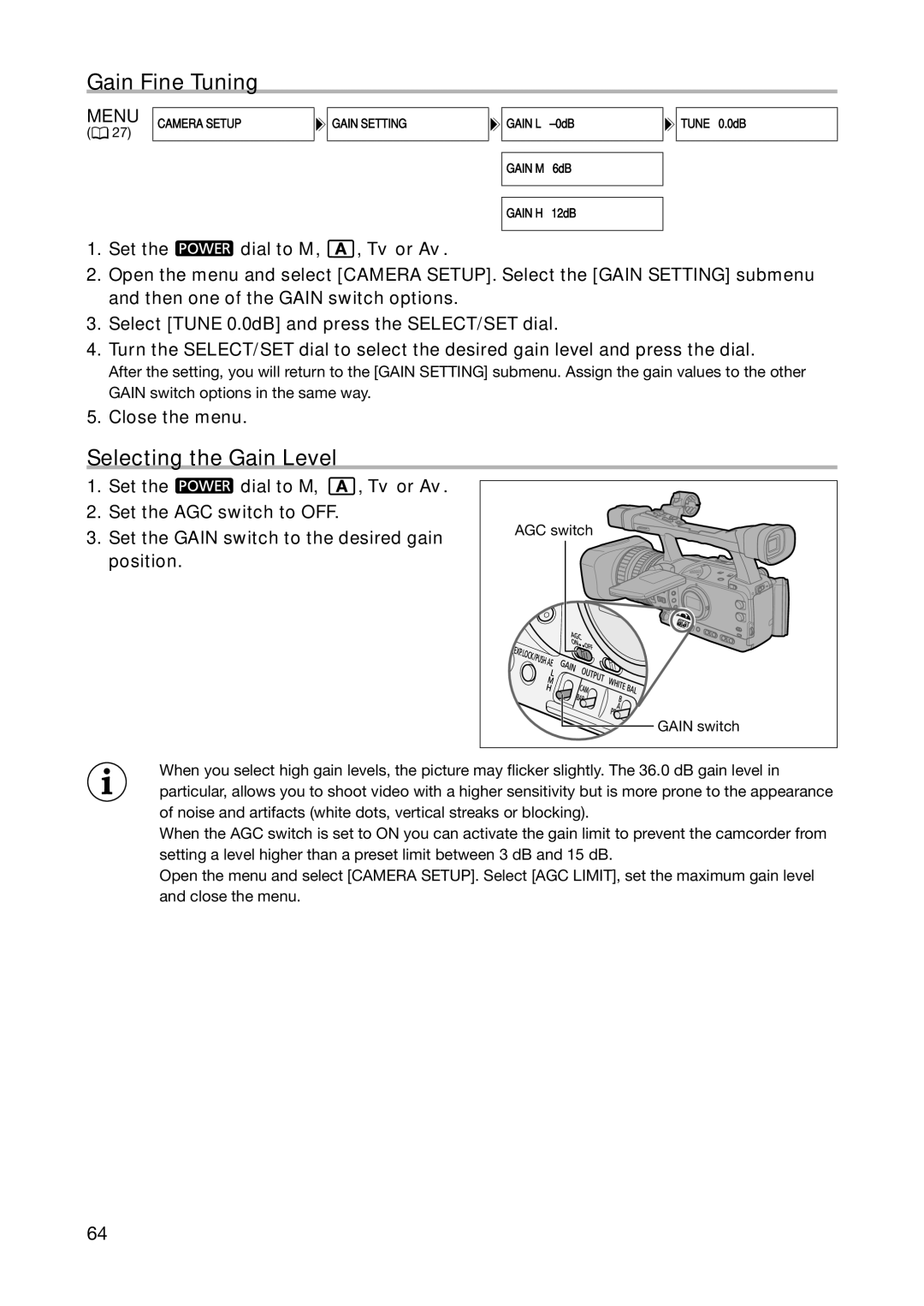 Canon XH A1S, XH G1S instruction manual Gain Fine Tuning, Selecting the Gain Level 