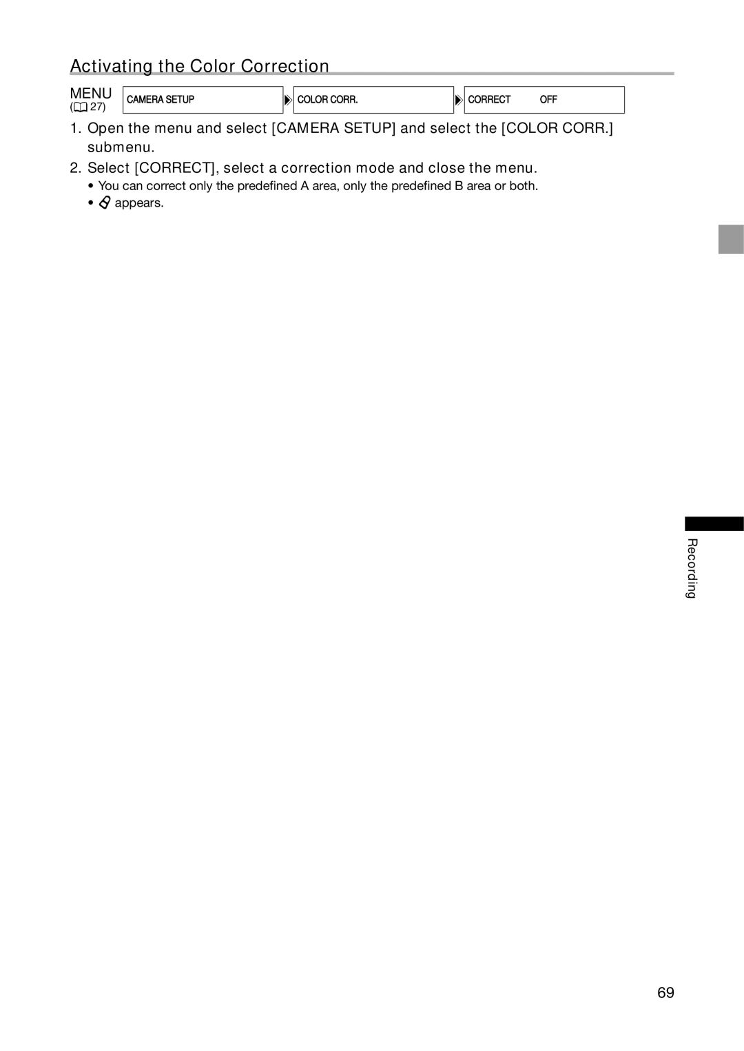 Canon XH G1S, XH A1S instruction manual Activating the Color Correction 