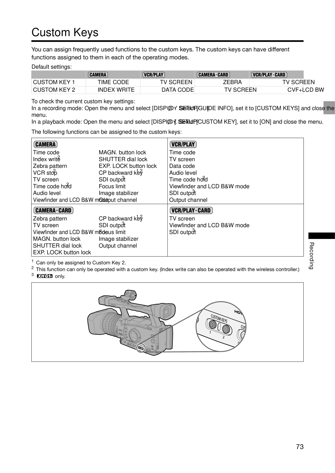 Canon XH G1S, XH A1S instruction manual Custom Keys, Default settings, To check the current custom key settings 