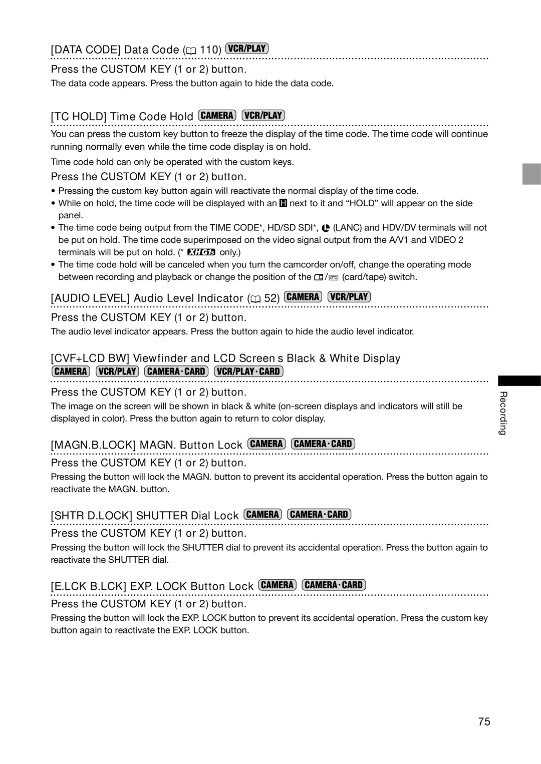 Canon XH G1S Data Code Data Code, TC Hold Time Code Hold, Audio Level Audio Level Indicator, MAGN.B.LOCK MAGN. Button Lock 
