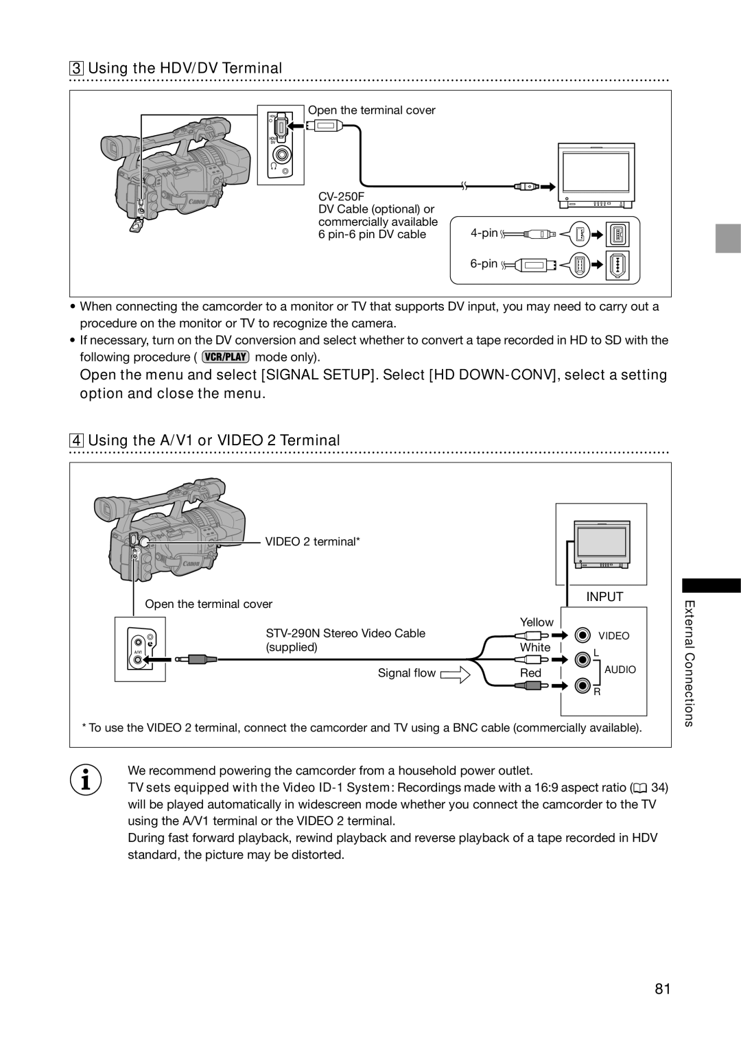 Canon XH G1S, XH A1S instruction manual Using the HDV/DV Terminal, Using the A/V1 or Video 2 Terminal 