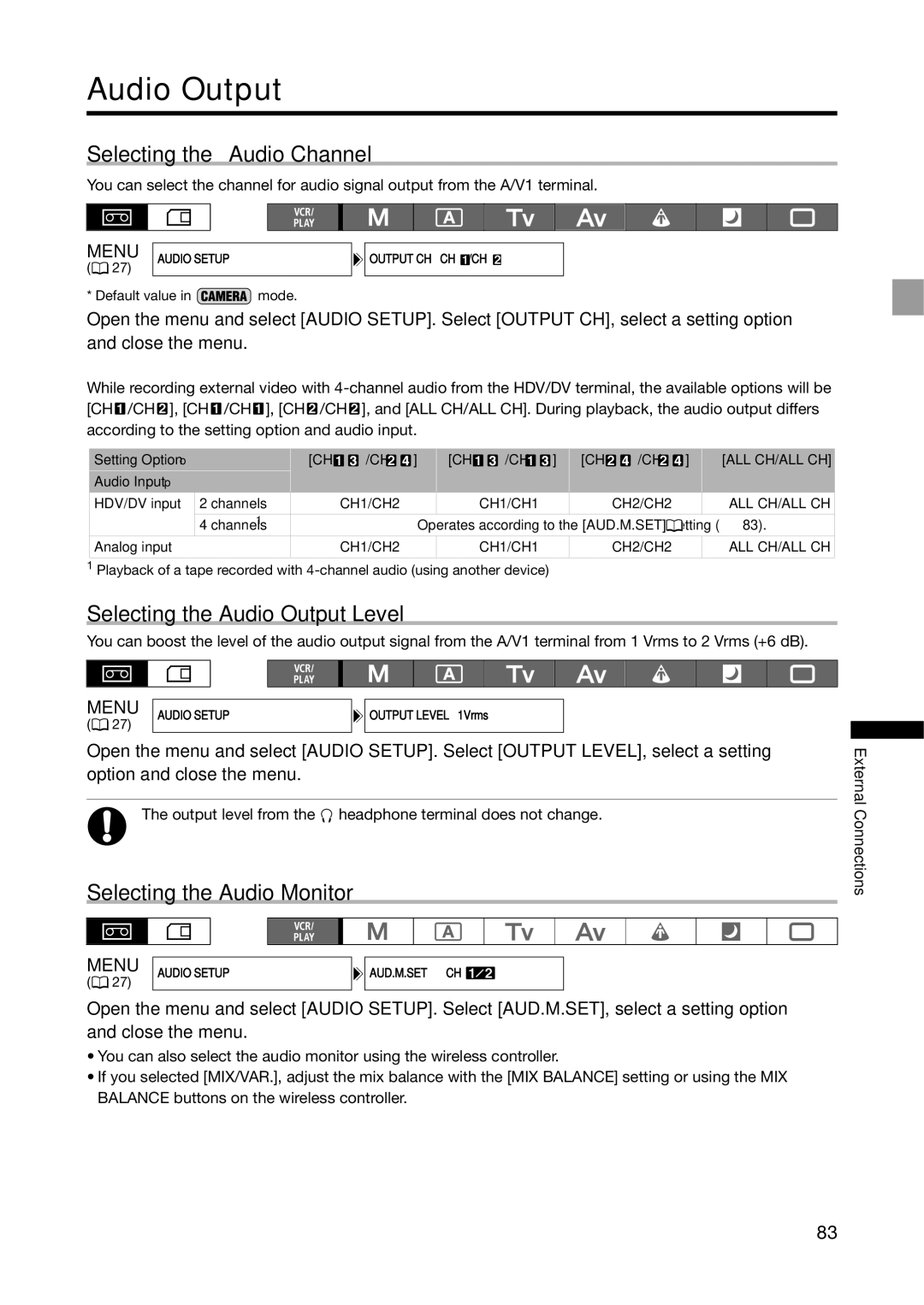 Canon XH G1S, XH A1S Selecting the Audio Channel, Selecting the Audio Output Level, Selecting the Audio Monitor 