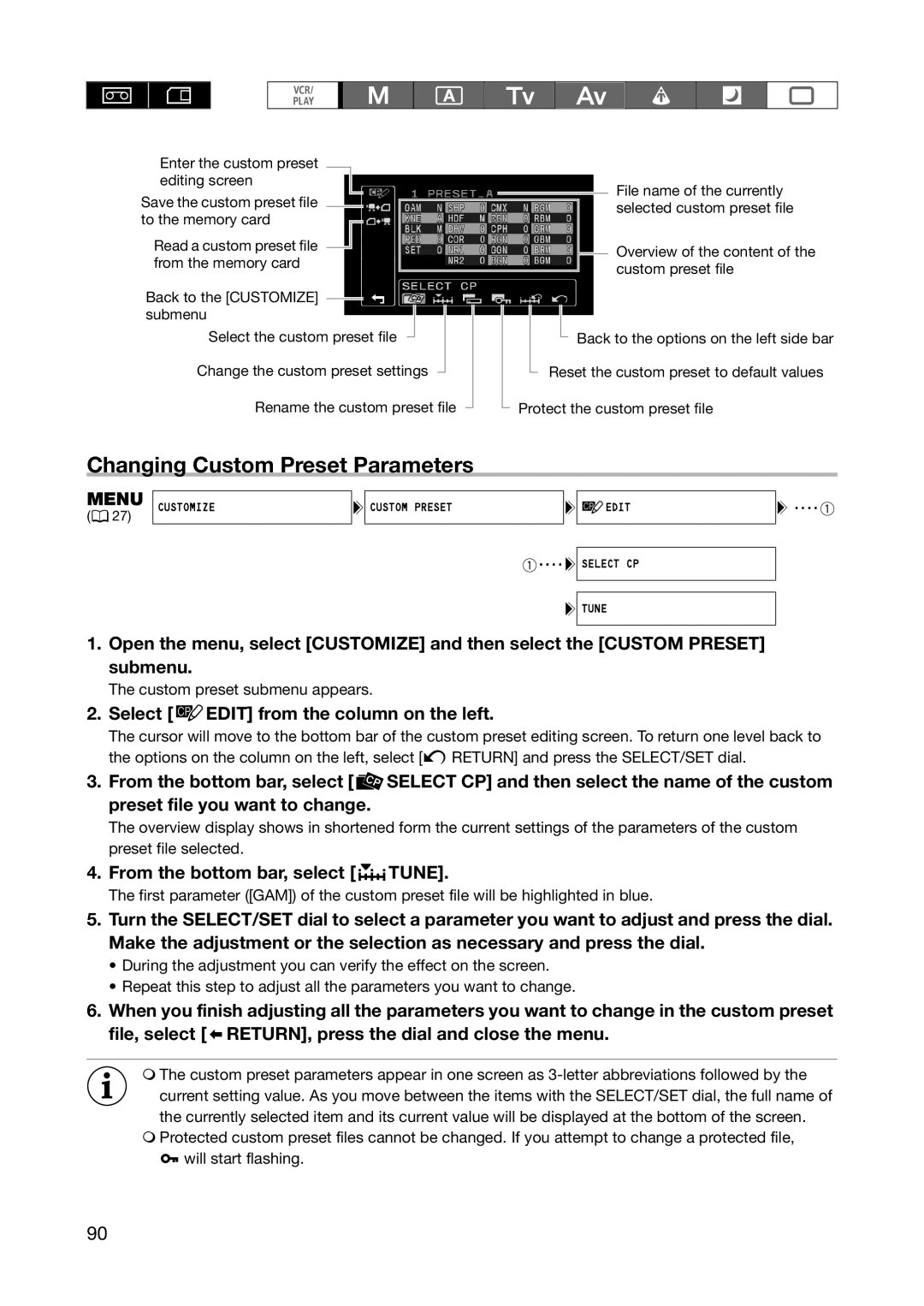 Canon XH A1S Changing Custom Preset Parameters, Select Edit from the column on the left, From the bottom bar, select Tune 