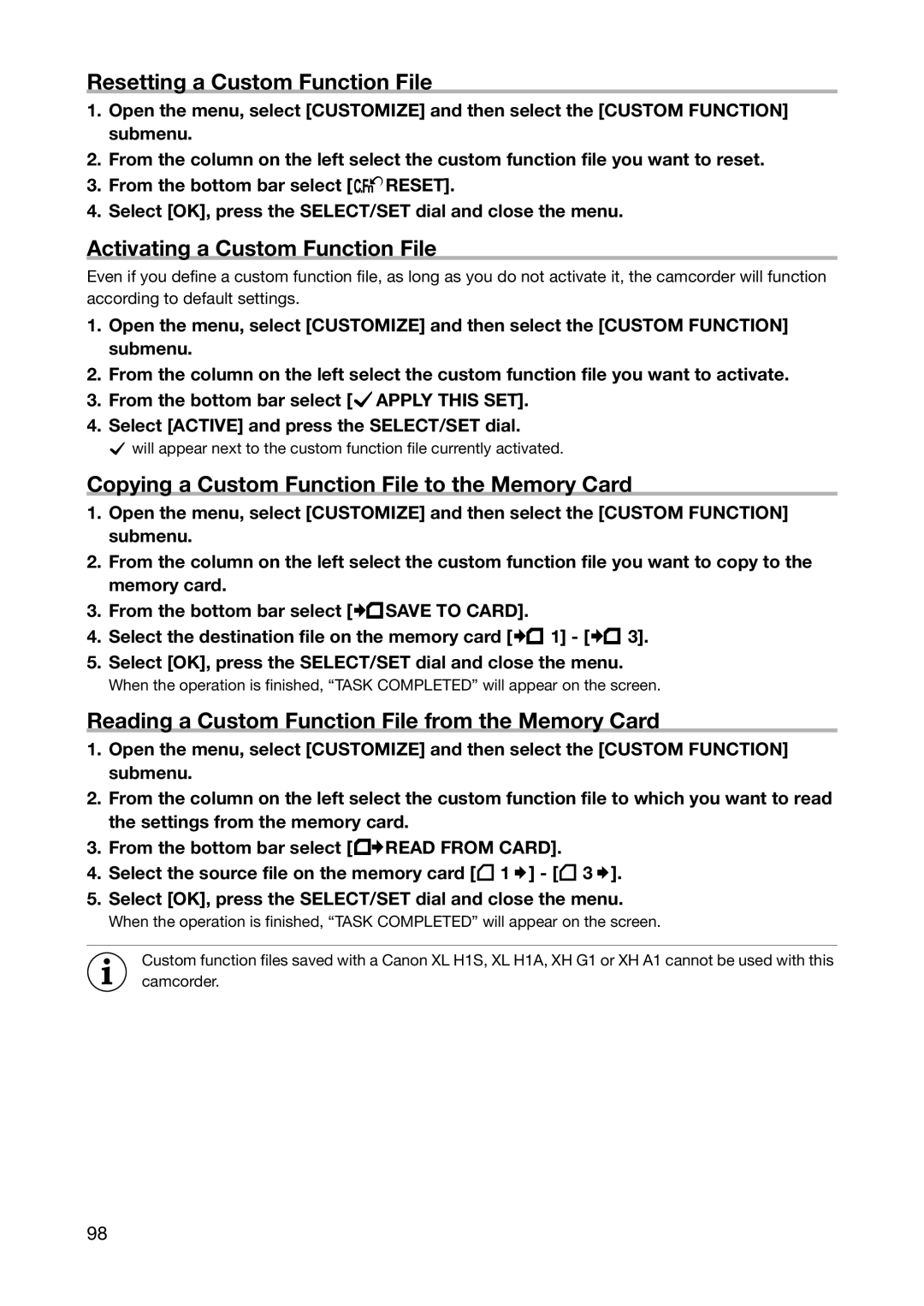 Canon XH A1S, XH G1S instruction manual Resetting a Custom Function File, Activating a Custom Function File 