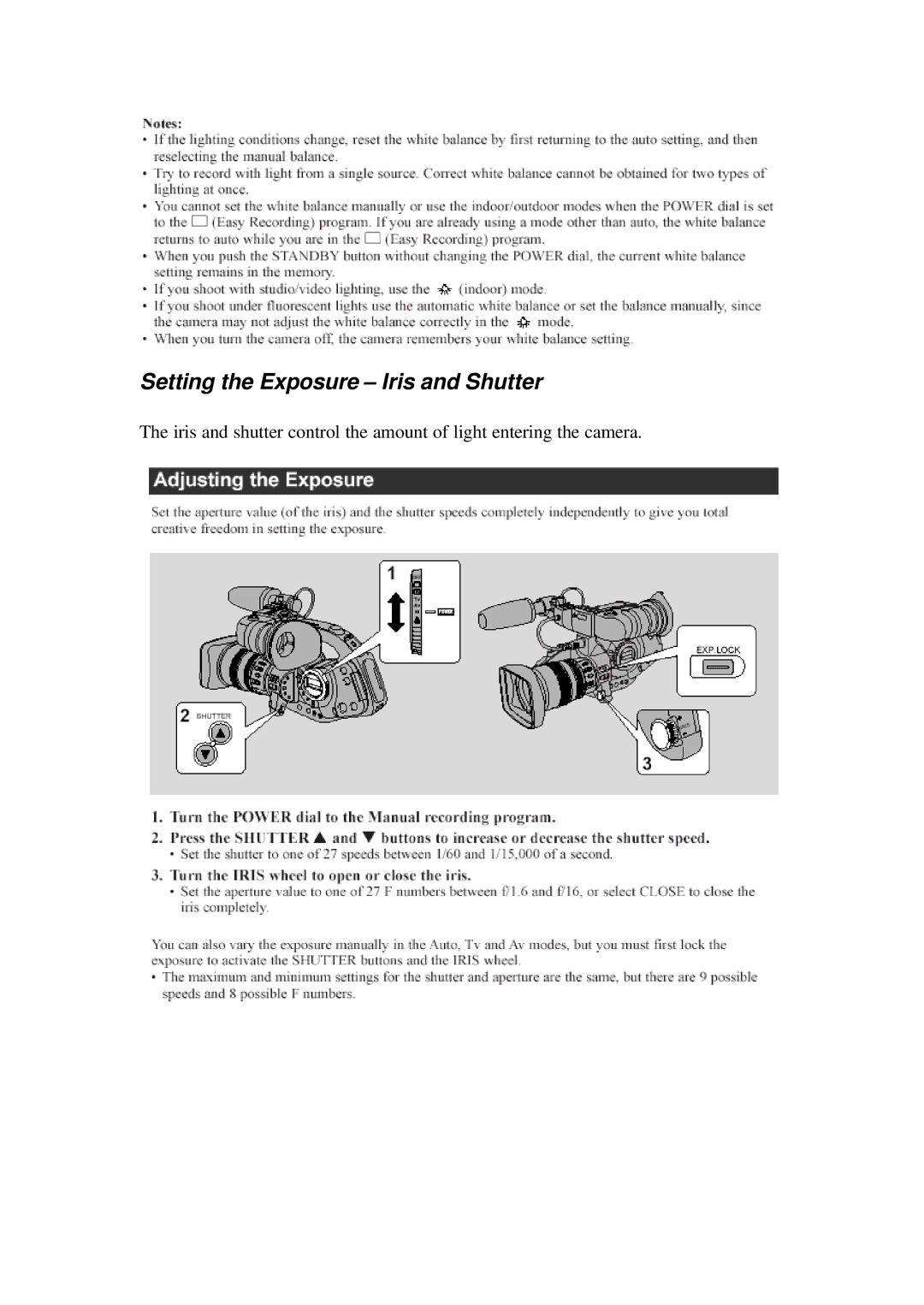 Canon XL 1 manual Setting the Exposure Iris and Shutter 