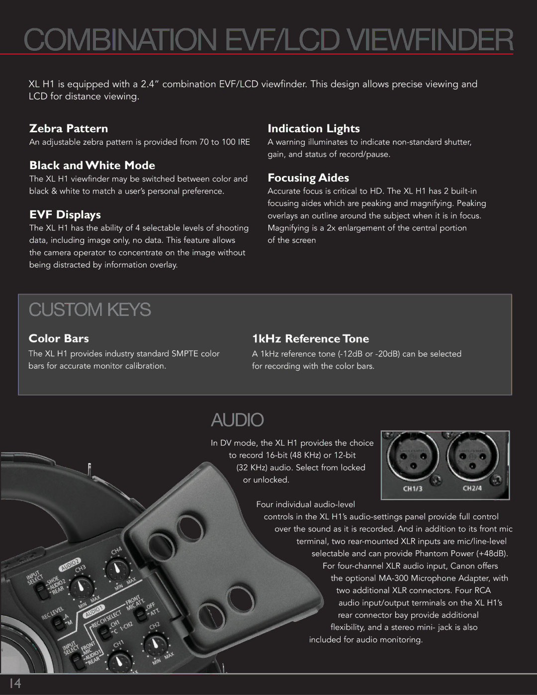 Canon XL H1 manual Zebra Pattern Indication Lights, Black and White Mode, EVF Displays, Focusing Aides, Color Bars 