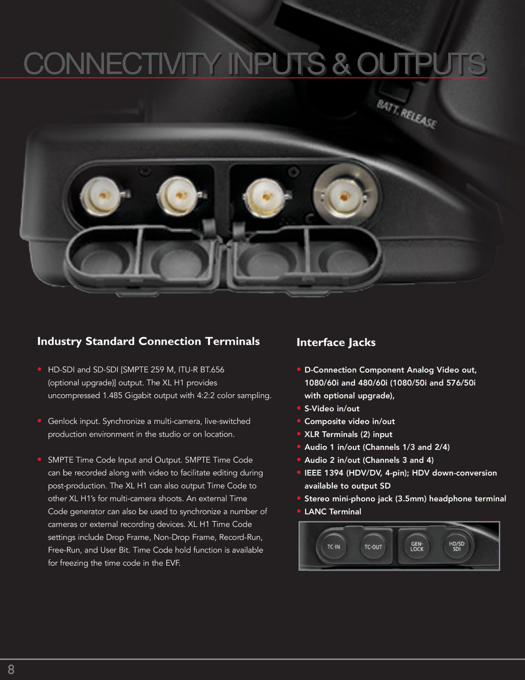 Canon XL H1 manual Connectivity Inputs & Outputs, Industry Standard Connection Terminals Interface Jacks 