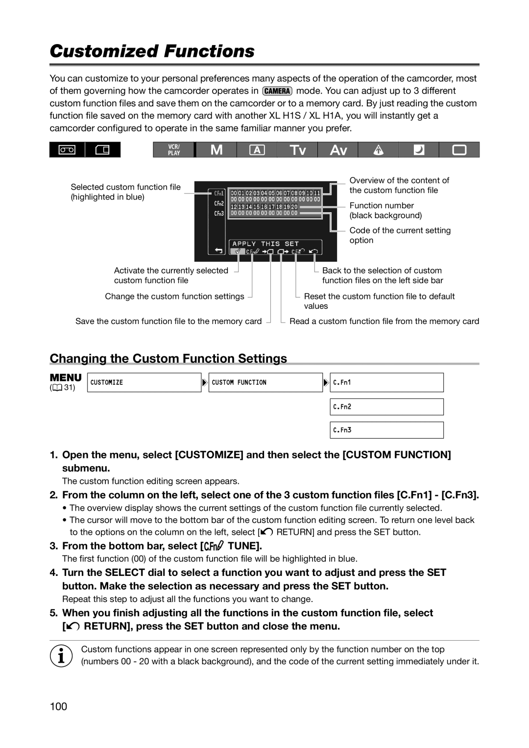 Canon XL H1S, XL H1A instruction manual Customized Functions, Changing the Custom Function Settings, 100 