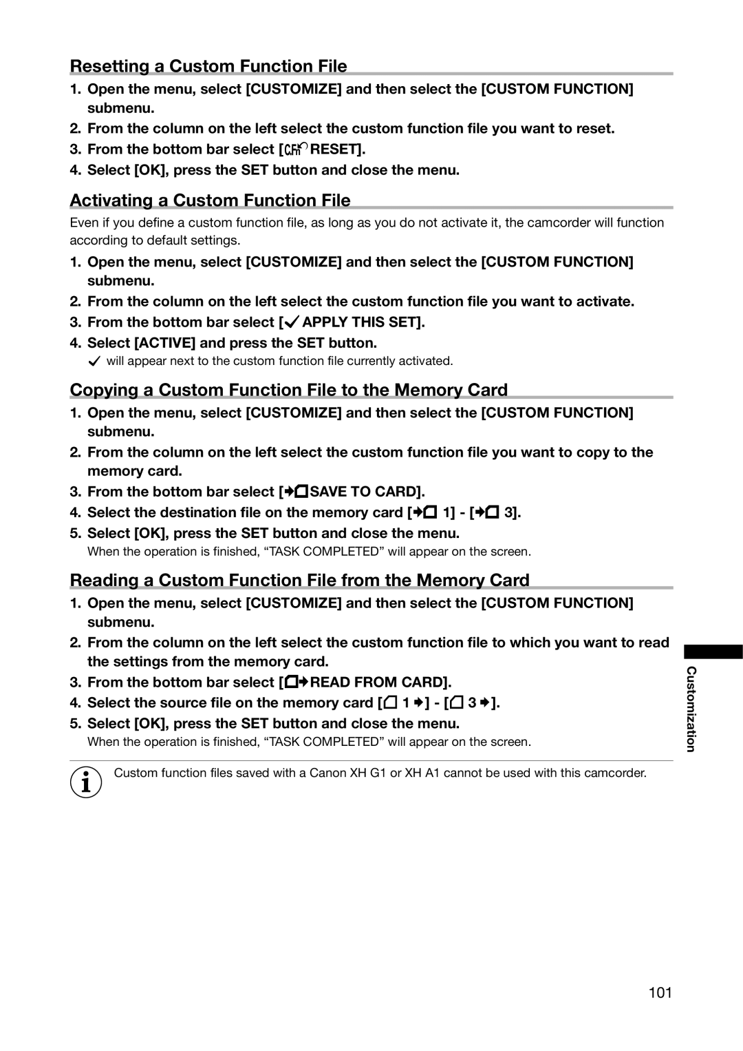 Canon XL H1A, XL H1S instruction manual Resetting a Custom Function File, Activating a Custom Function File, 101 