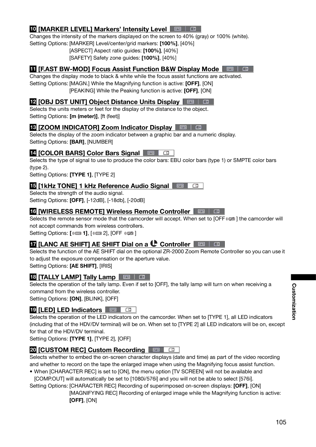 Canon XL H1A, XL H1S Marker Level Markers’ Intensity Level, 11 F.AST BW-MOD Focus Assist Function B&W Display Mode 