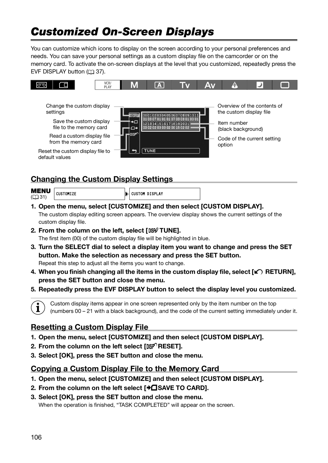 Canon XL H1S Customized On-Screen Displays, Changing the Custom Display Settings, Resetting a Custom Display File, 106 