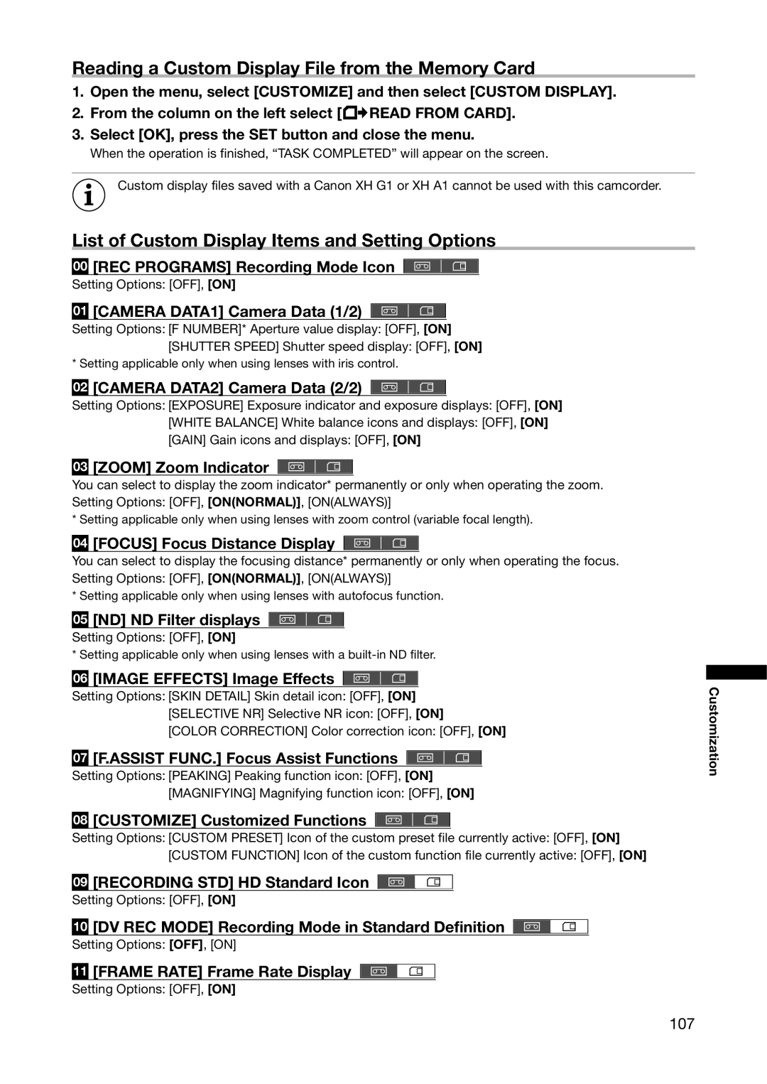 Canon XL H1A, XL H1S Reading a Custom Display File from the Memory Card, List of Custom Display Items and Setting Options 