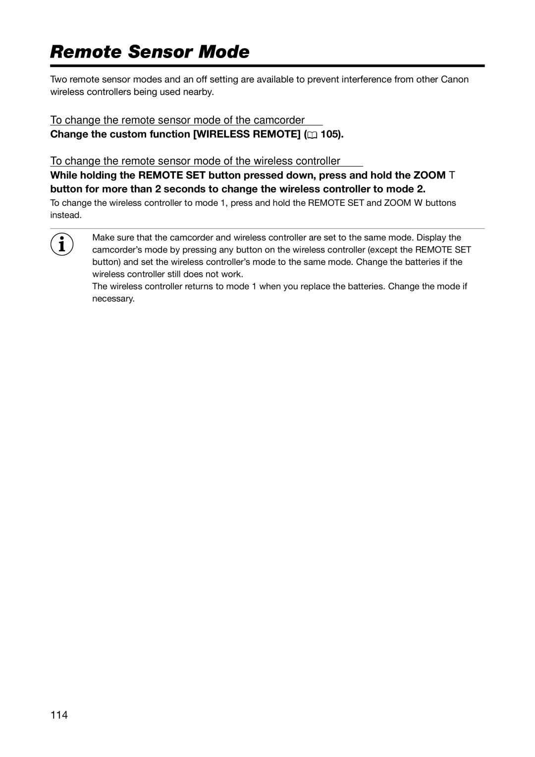 Canon XL H1S, XL H1A instruction manual Remote Sensor Mode, To change the remote sensor mode of the camcorder, 114 