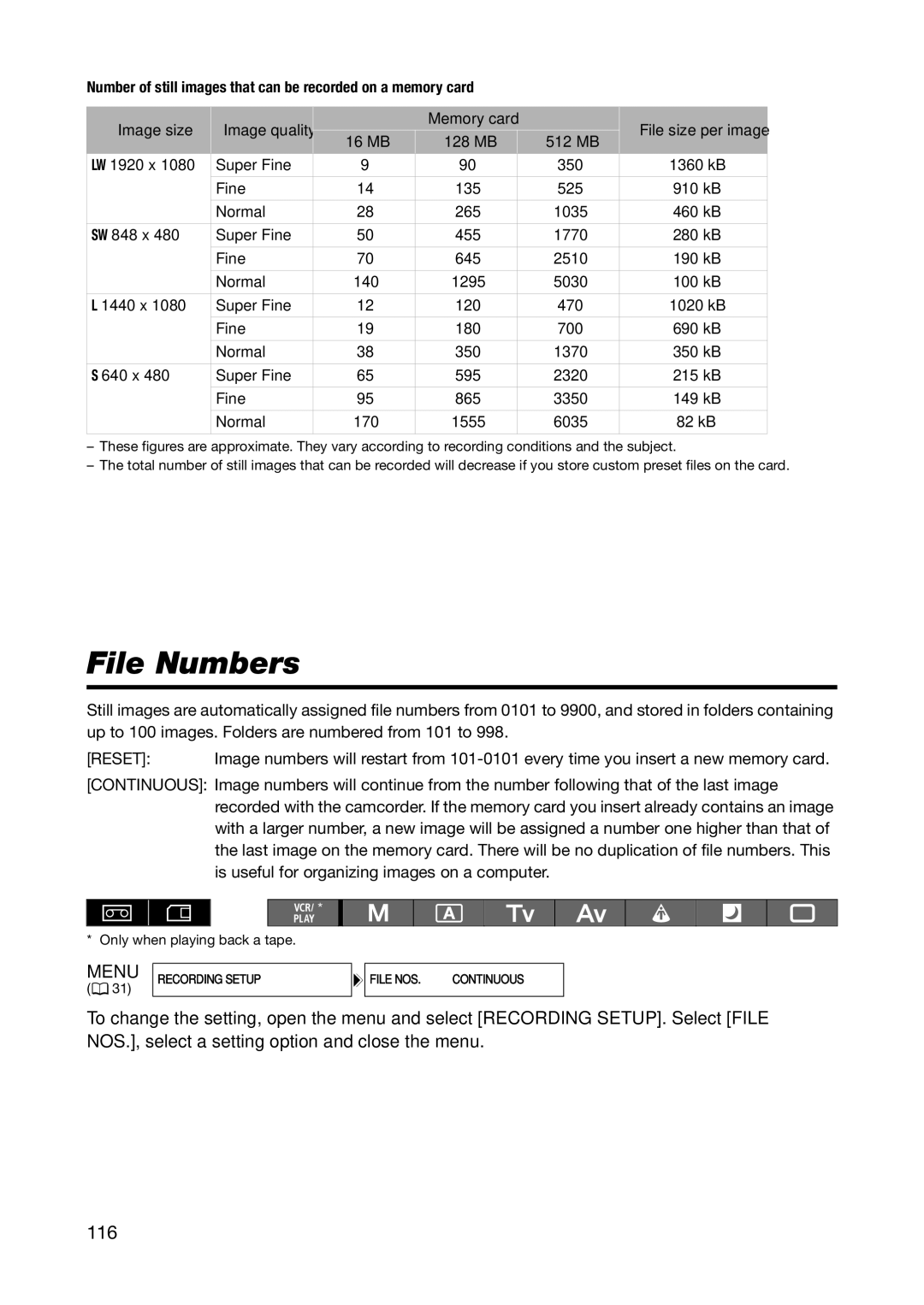 Canon XL H1S, XL H1A instruction manual File Numbers, 116 