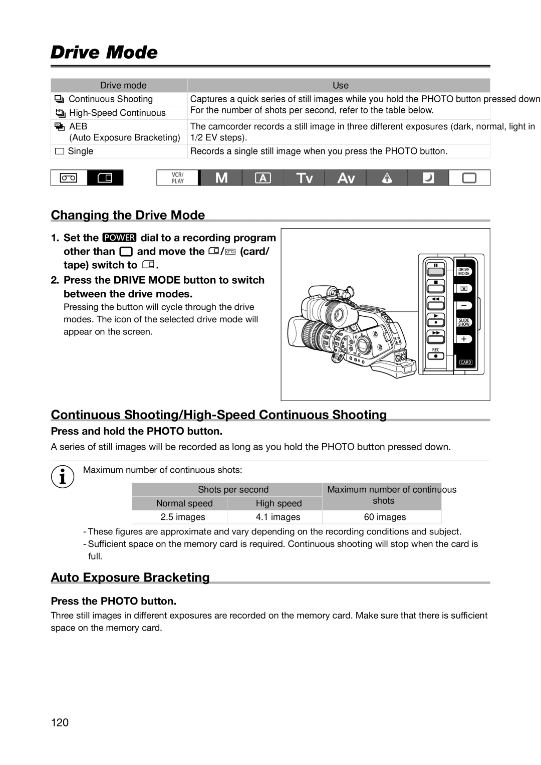 Canon XL H1S Changing the Drive Mode, Continuous Shooting/High-Speed Continuous Shooting, Auto Exposure Bracketing 