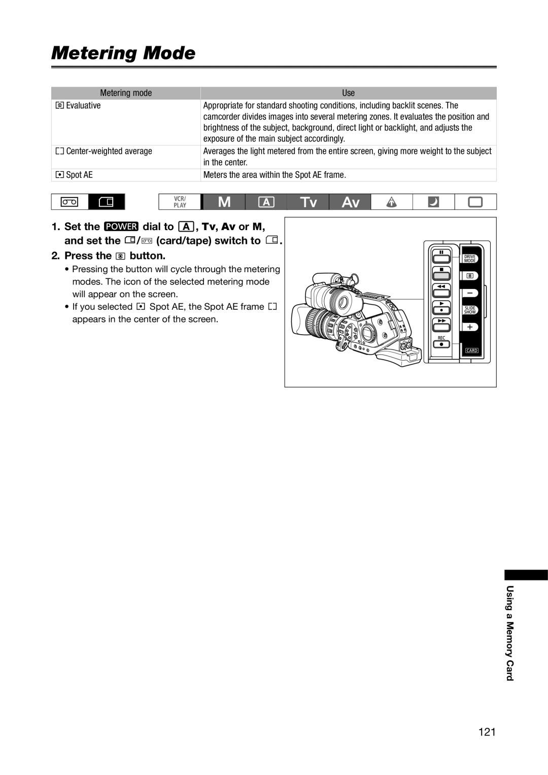 Canon XL H1A, XL H1S instruction manual Metering Mode, 121 