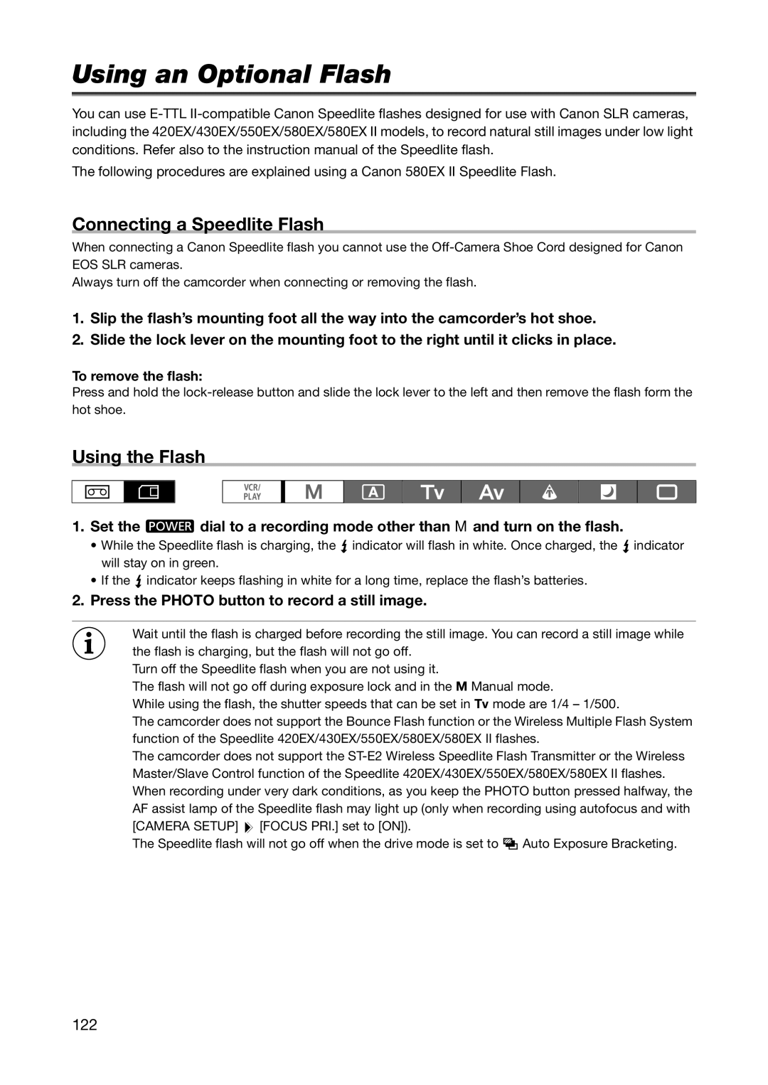 Canon XL H1S, XL H1A instruction manual Using an Optional Flash, Connecting a Speedlite Flash, Using the Flash, 122 