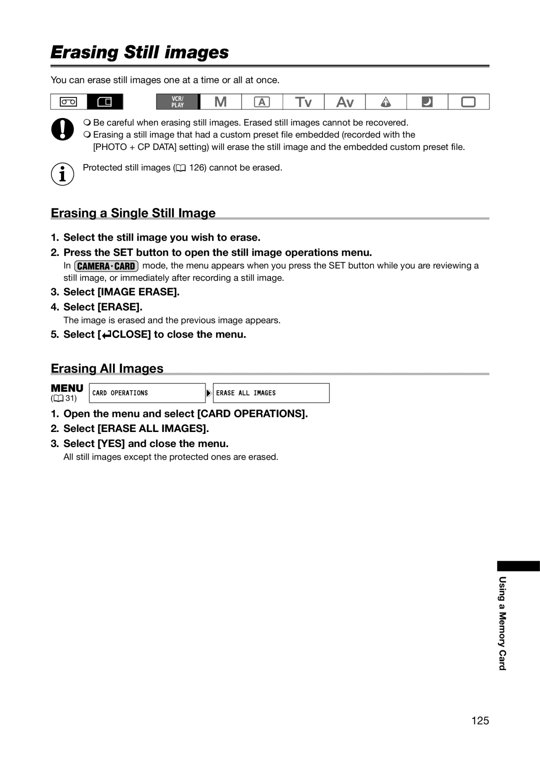 Canon XL H1A, XL H1S instruction manual Erasing Still images, Erasing a Single Still Image, Erasing All Images, 125 