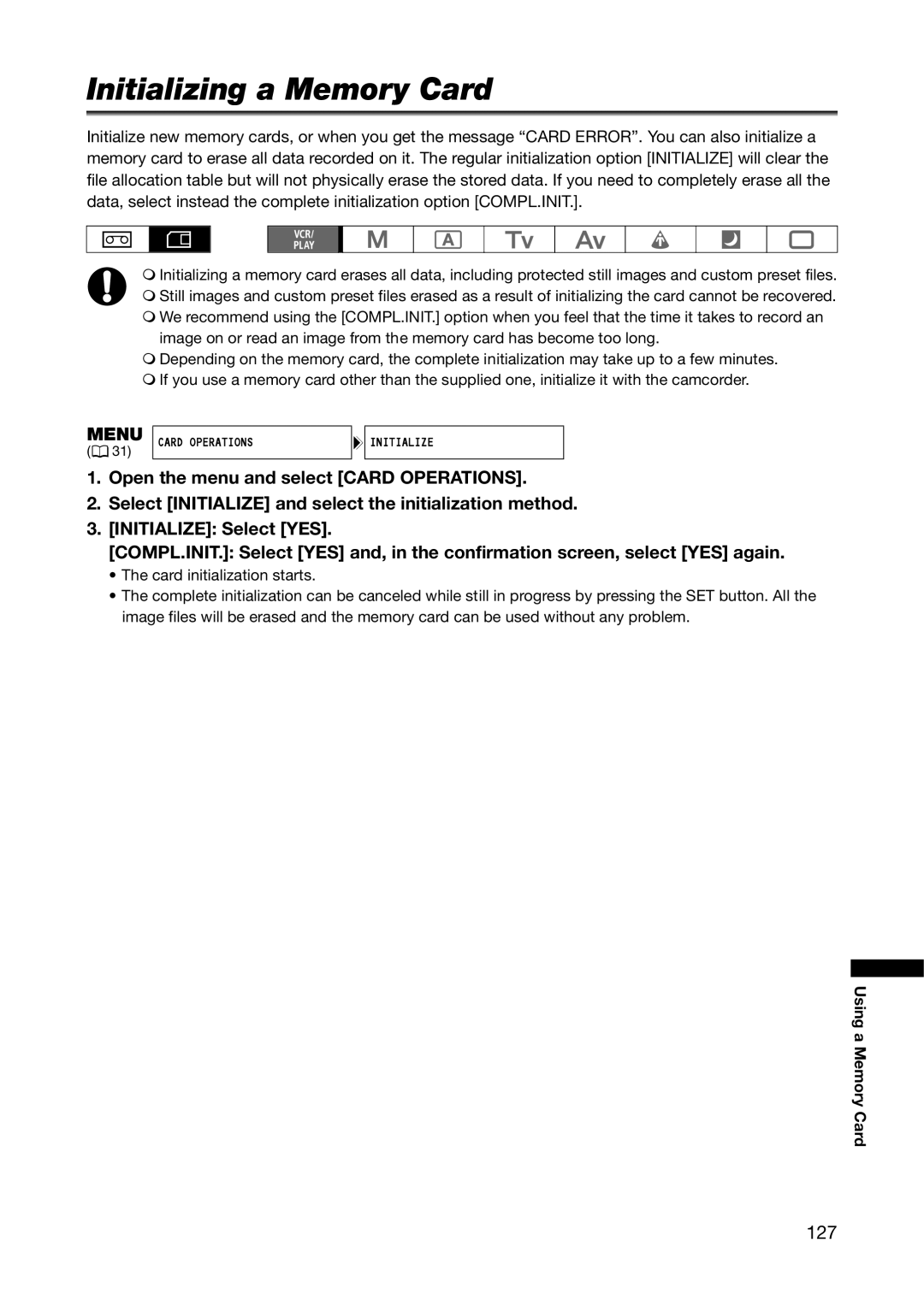 Canon XL H1A, XL H1S instruction manual Initializing a Memory Card, 127 