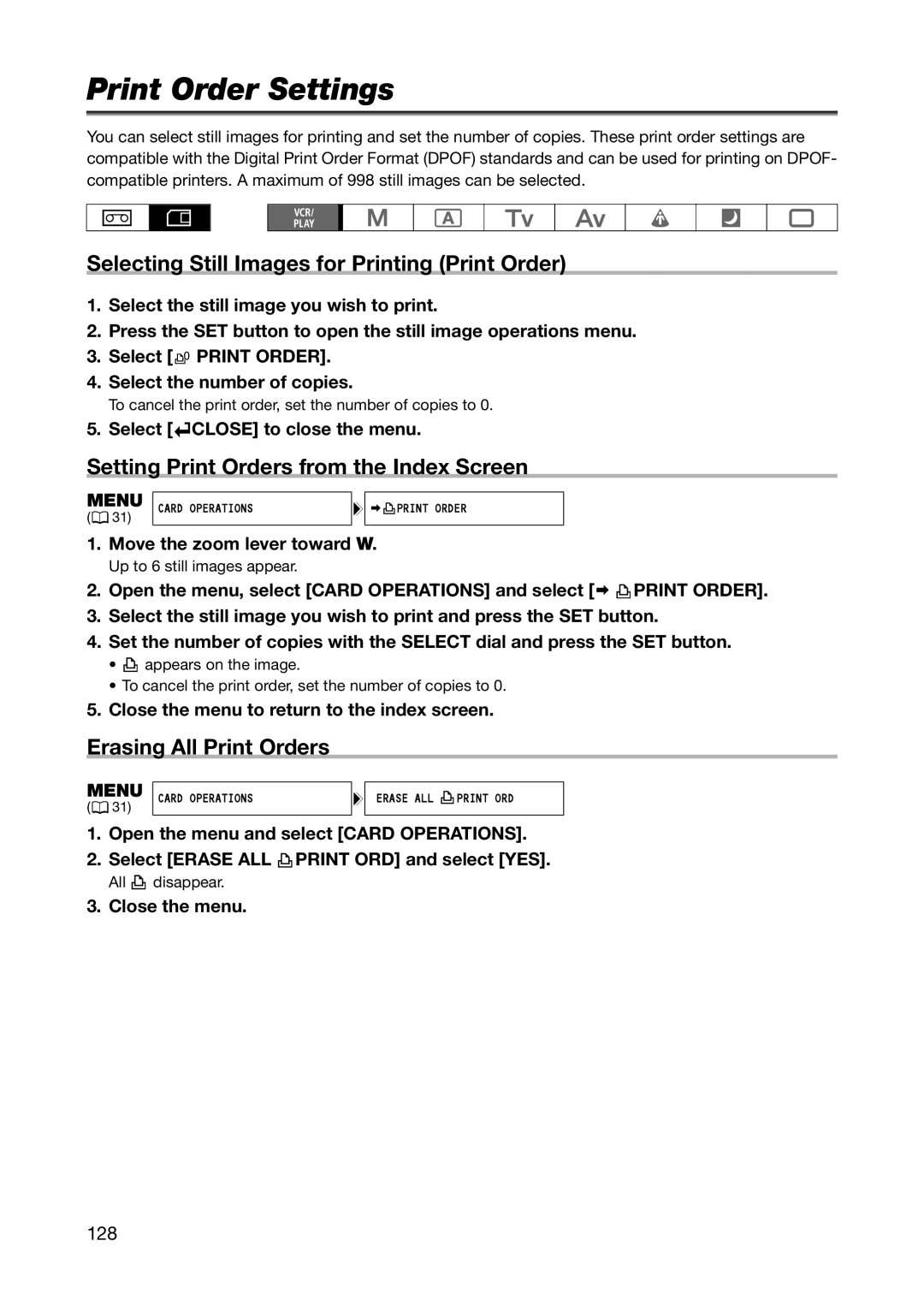 Canon XL H1S, XL H1A Print Order Settings, Selecting Still Images for Printing Print Order, Erasing All Print Orders, 128 