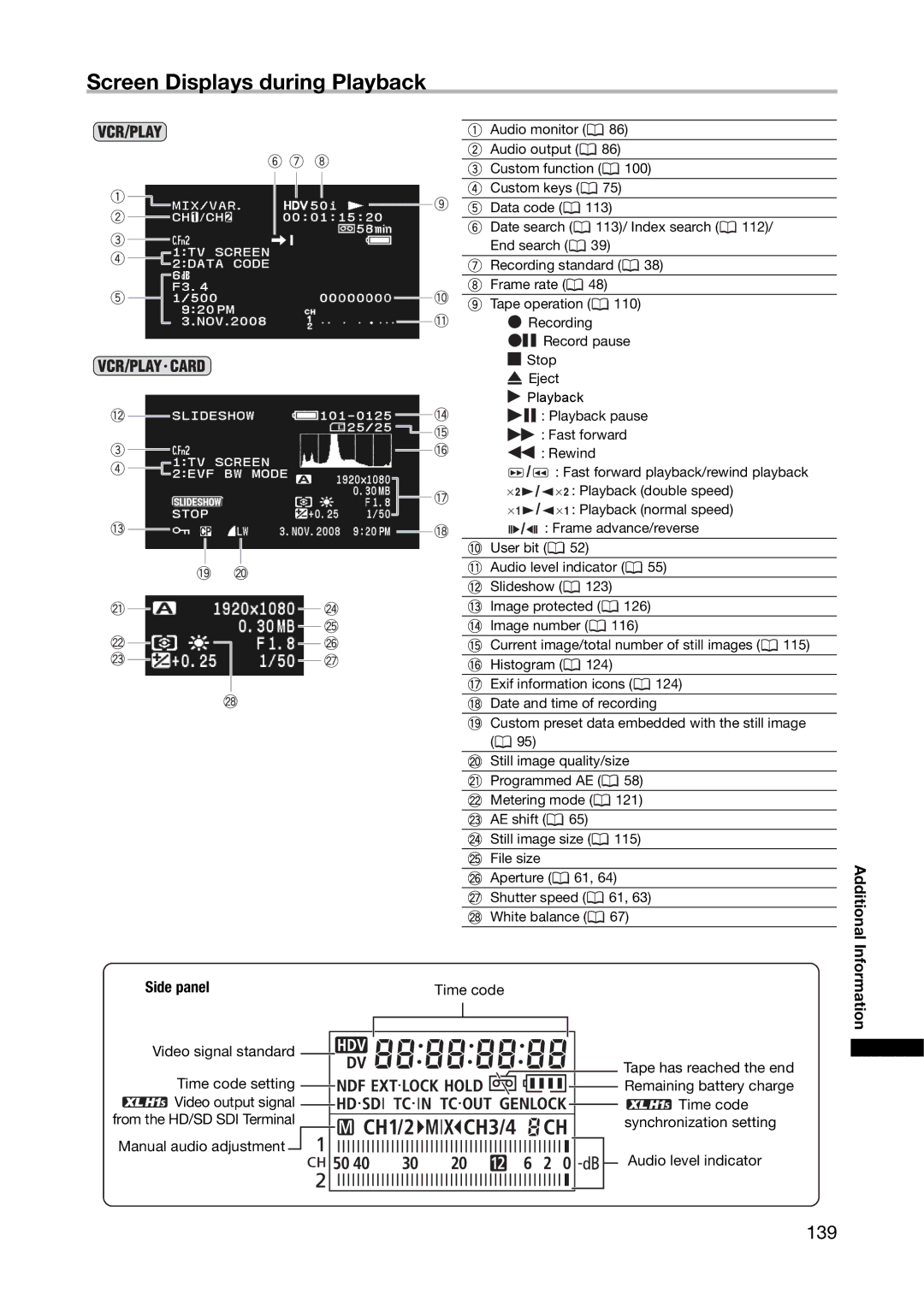 Canon XL H1A, XL H1S instruction manual Screen Displays during Playback, 139, Side panel 