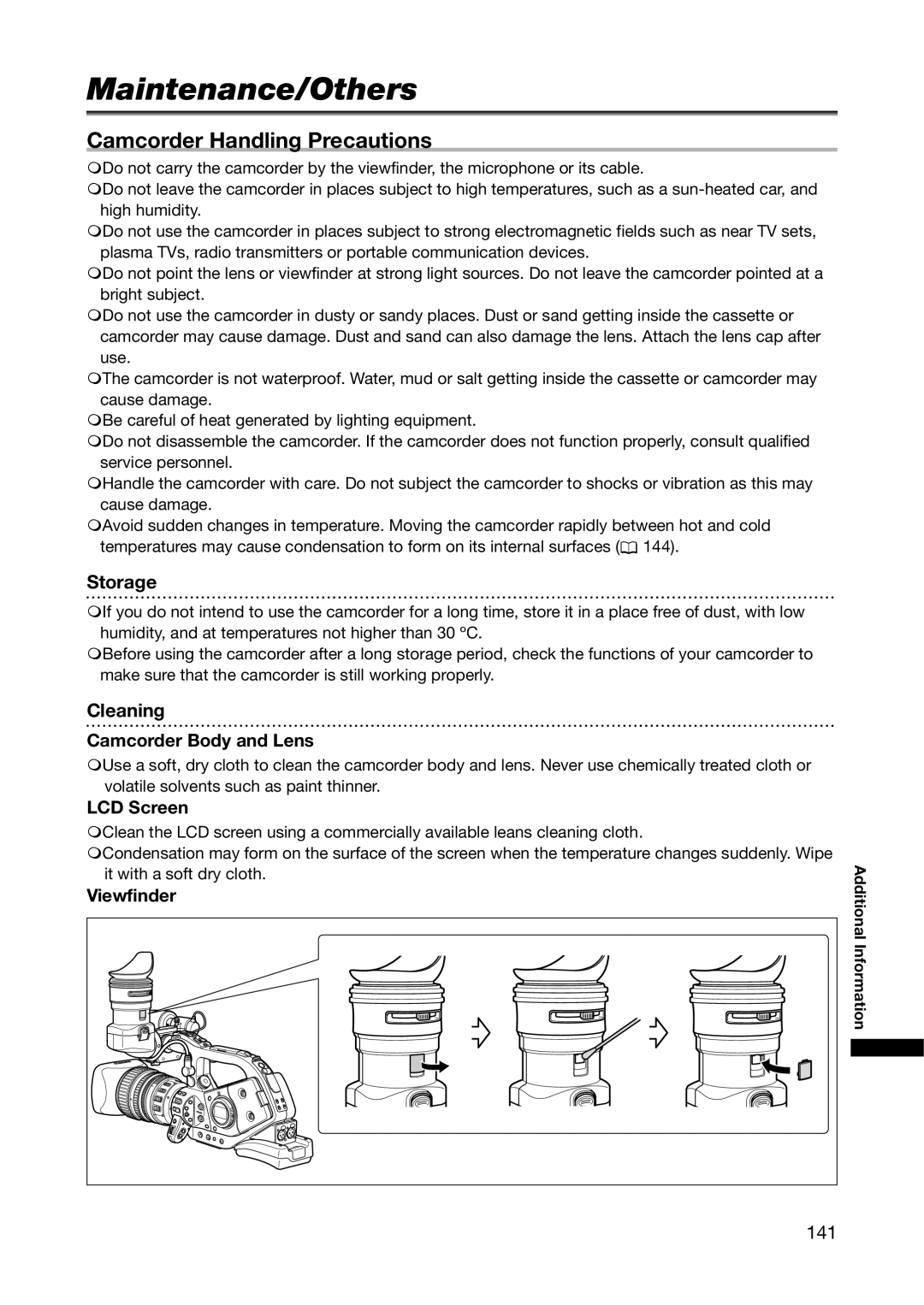 Canon XL H1A, XL H1S instruction manual Maintenance/Others, Camcorder Handling Precautions, Storage, Cleaning, 141 