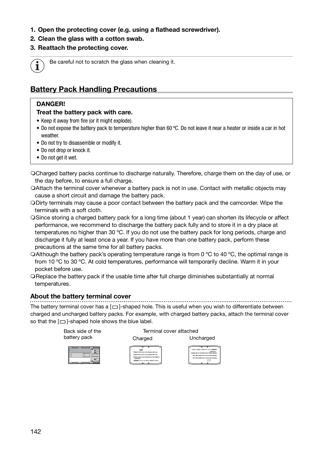 Canon XL H1S Battery Pack Handling Precautions, About the battery terminal cover, 142, Treat the battery pack with care 