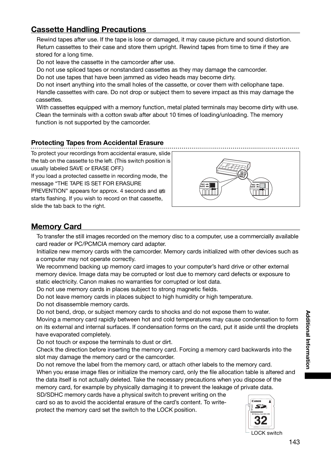 Canon XL H1A, XL H1S Cassette Handling Precautions, Memory Card, Protecting Tapes from Accidental Erasure, 143 