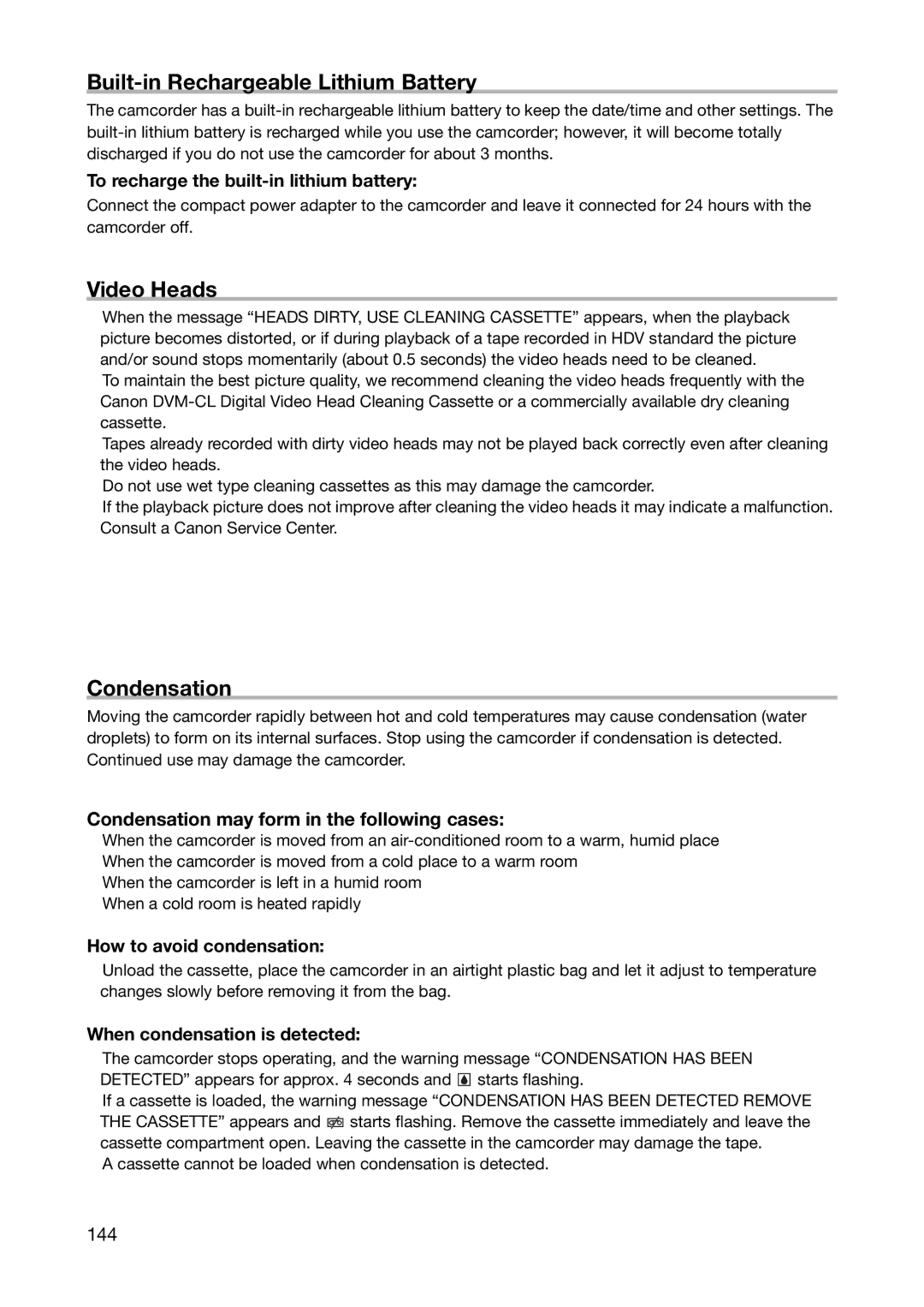 Canon XL H1S, XL H1A instruction manual Built-in Rechargeable Lithium Battery, Video Heads, Condensation, 144 