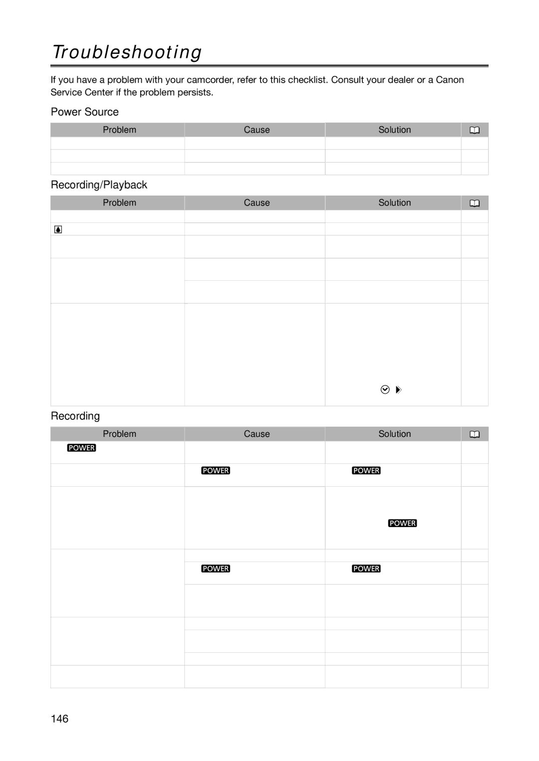 Canon XL H1S, XL H1A instruction manual Troubleshooting, Power Source, Recording/Playback, 146 