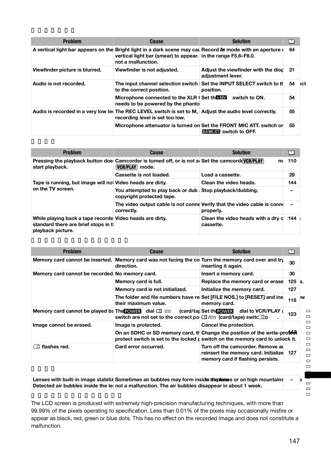 Canon XL H1A, XL H1S instruction manual Playback, Others, About the LCD screen, 147, Memory Card Operations 