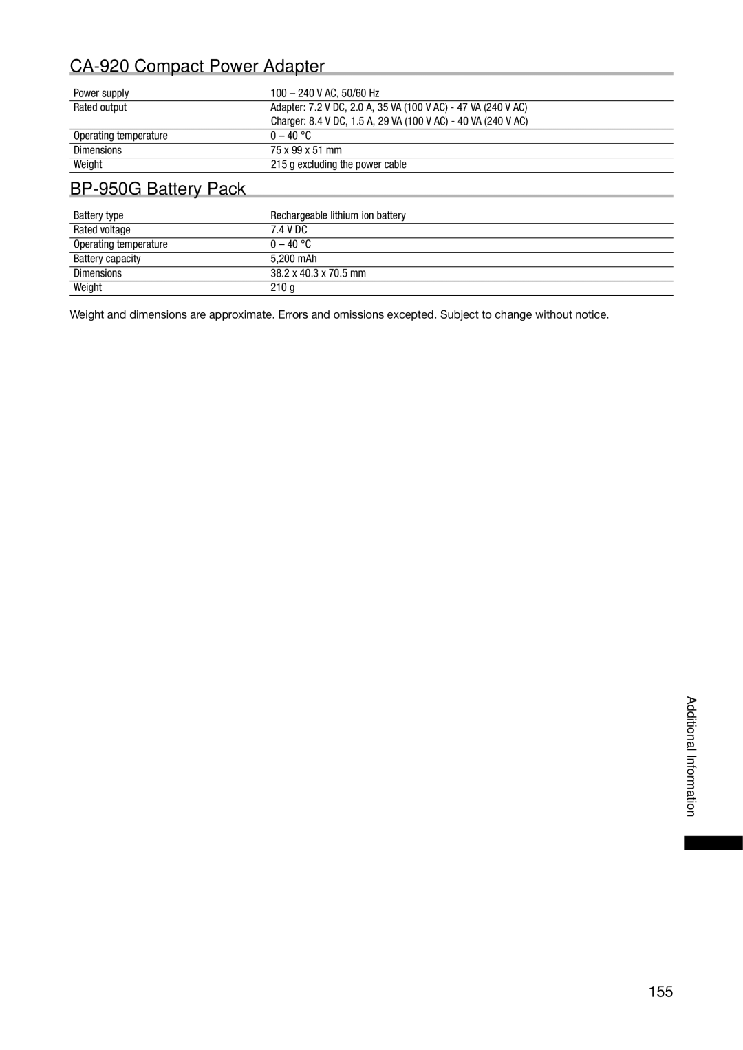 Canon XL H1A, XL H1S instruction manual CA-920 Compact Power Adapter, BP-950G Battery Pack, 155 