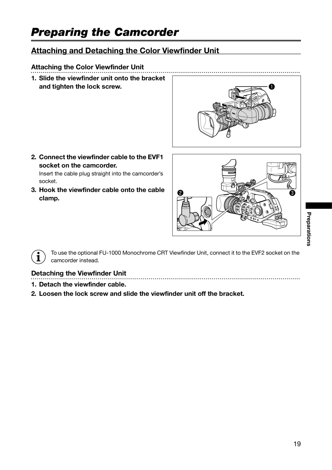 Canon XL H1A Preparing the Camcorder, Attaching and Detaching the Color Viewfinder Unit, Detaching the Viewfinder Unit 