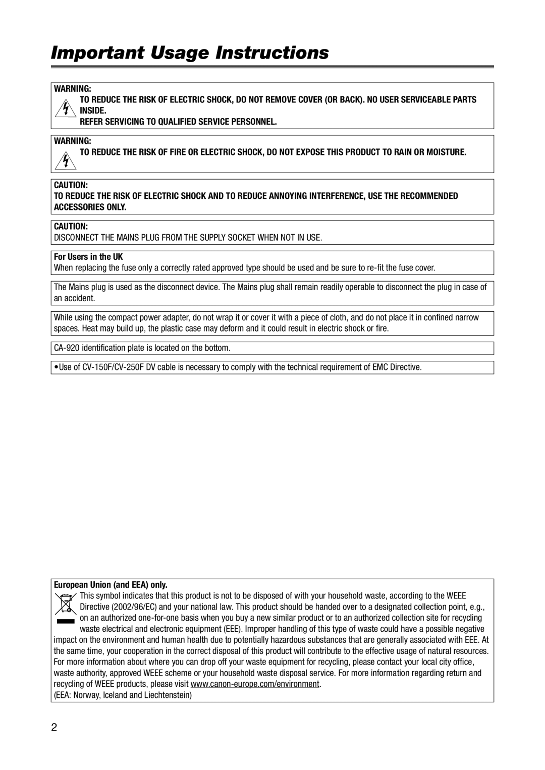 Canon XL H1S, XL H1A instruction manual Important Usage Instructions, For Users in the UK, European Union and EEA only 