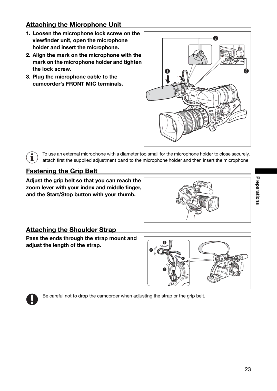 Canon XL H1A, XL H1S instruction manual Attaching the Microphone Unit, Fastening the Grip Belt, Attaching the Shoulder Strap 