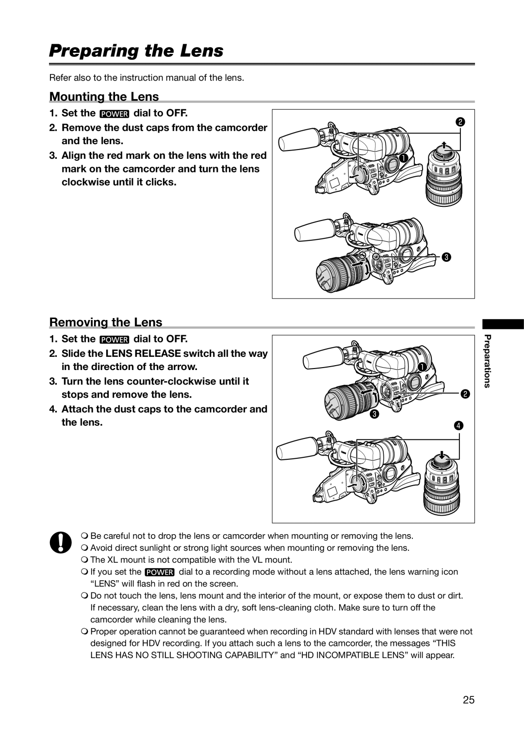 Canon XL H1A, XL H1S instruction manual Preparing the Lens, Mounting the Lens, Removing the Lens 